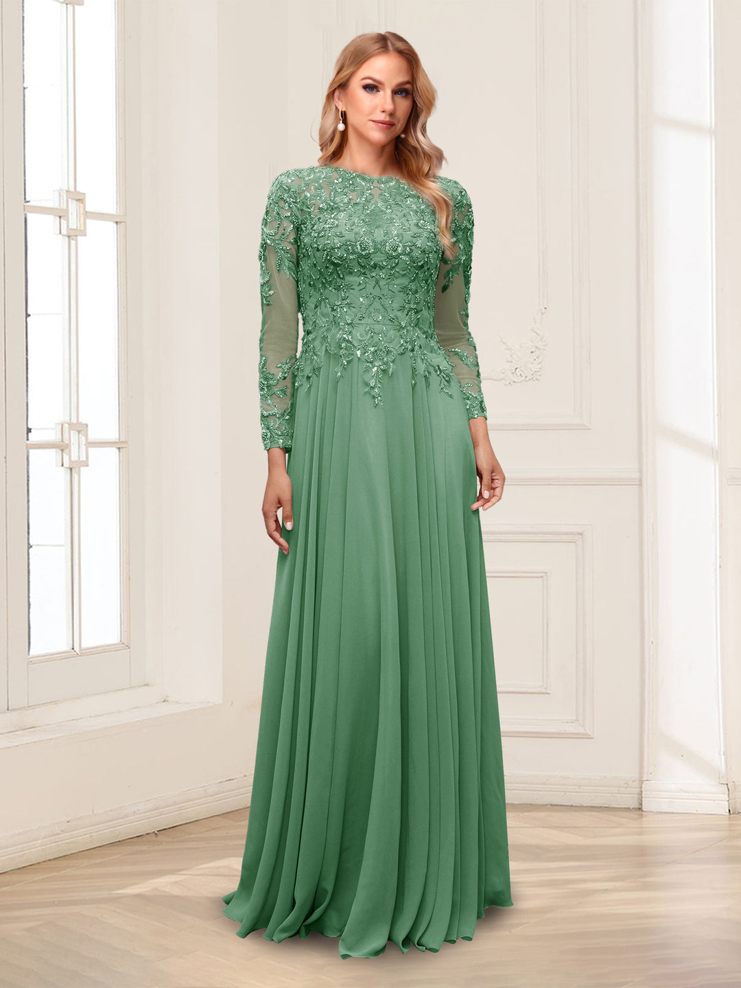 A-Line/Princess Scoop Long Sleeves Floor-Length Mother of the Bride Dresses with Lace &amp; Beading