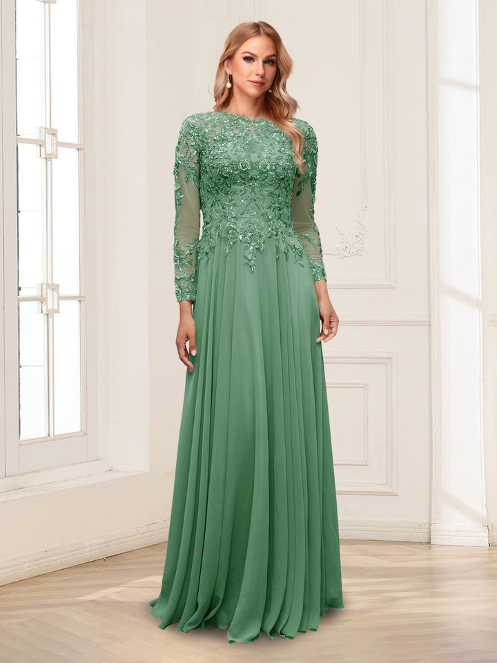 A-Line/Princess Scoop Long Sleeves Floor-Length Mother of the Bride Dresses with Lace &amp; Beading