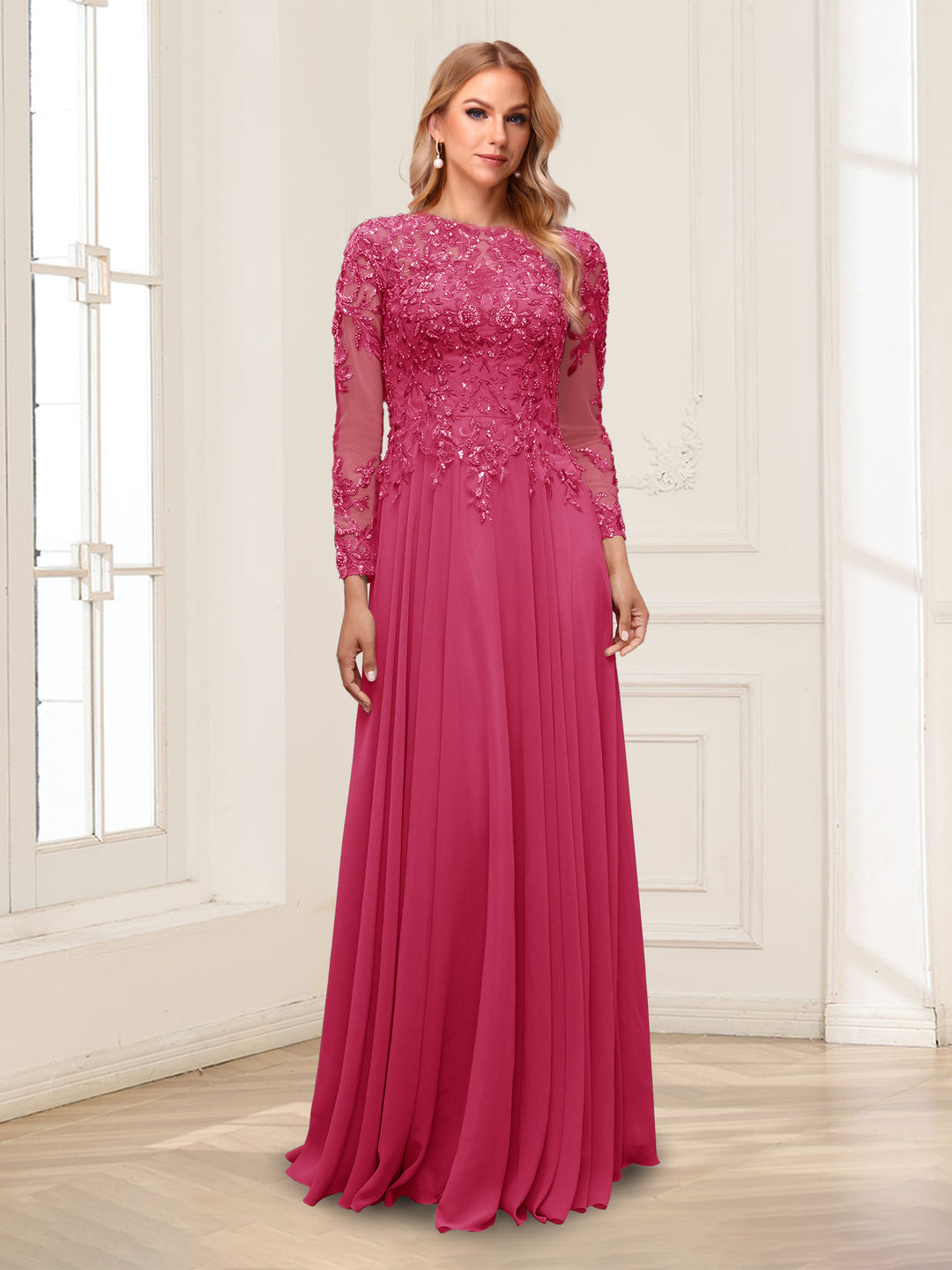 A-Line/Princess Scoop Long Sleeves Floor-Length Mother of the Bride Dresses with Lace &amp; Beading