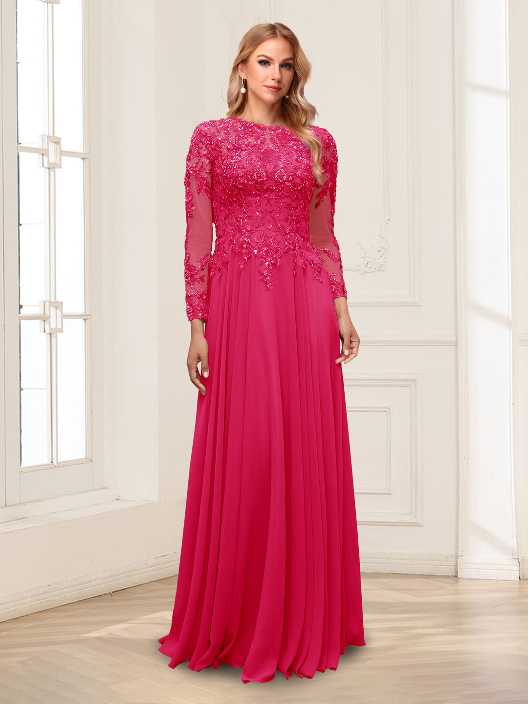 A-Line/Princess Scoop Long Sleeves Floor-Length Mother of the Bride Dresses with Lace &amp; Beading
