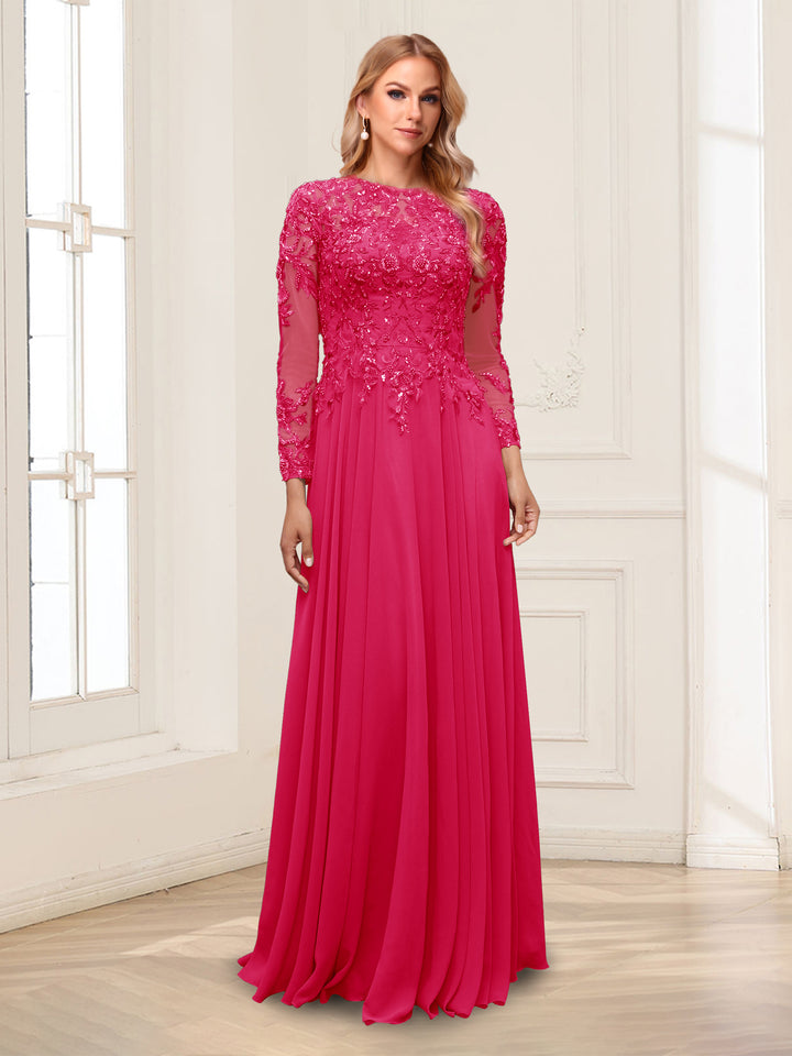 A-Line/Princess Scoop Long Sleeves Floor-Length Mother of the Bride Dresses with Lace &amp; Beading
