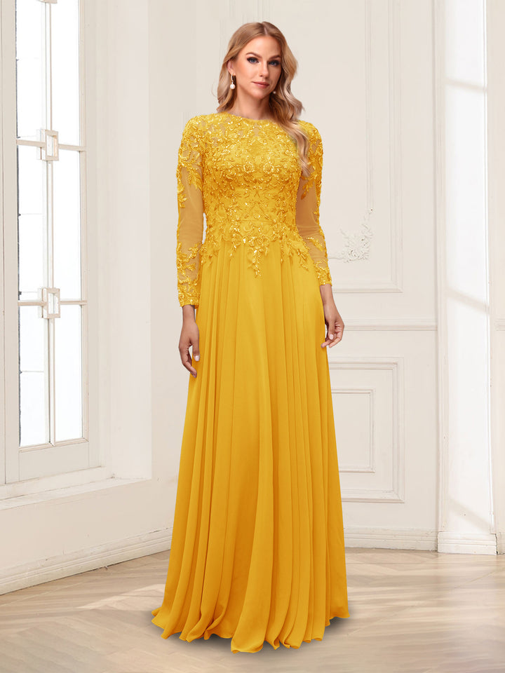 A-Line/Princess Scoop Long Sleeves Floor-Length Mother of the Bride Dresses with Lace &amp; Beading