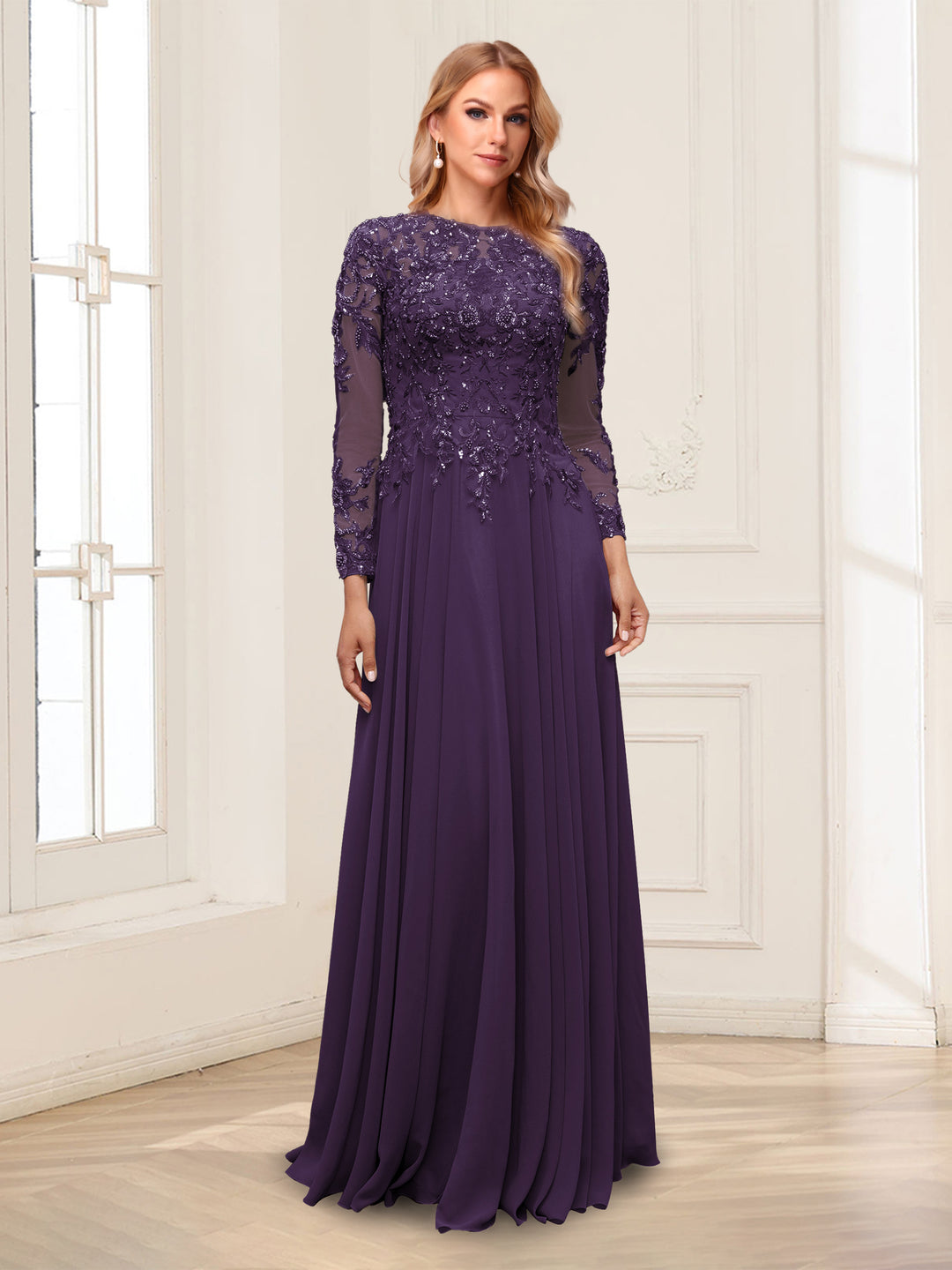 A-Line/Princess Scoop Long Sleeves Floor-Length Mother of the Bride Dresses with Lace &amp; Beading