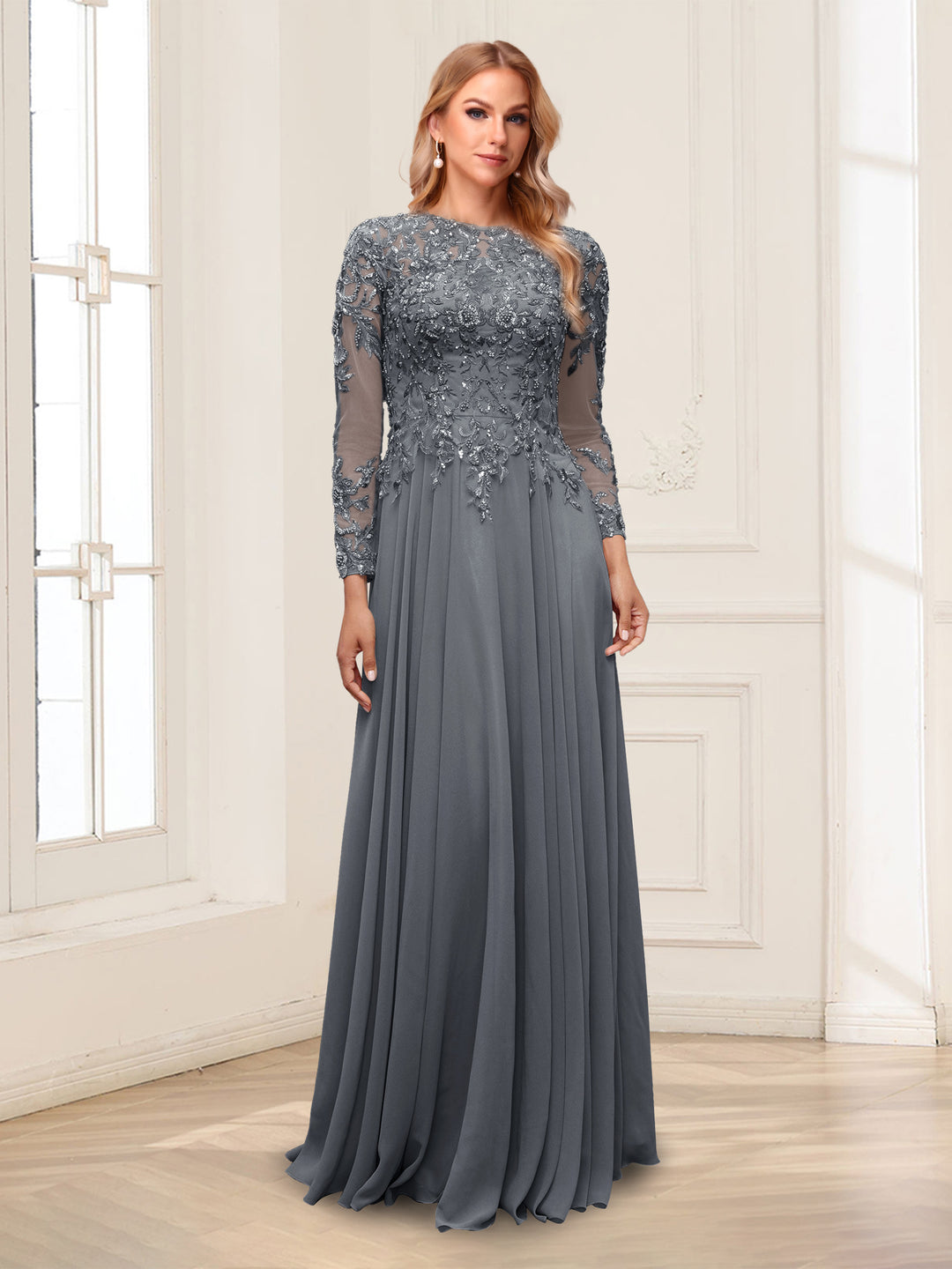 A-Line/Princess Scoop Long Sleeves Floor-Length Mother of the Bride Dresses with Lace &amp; Beading