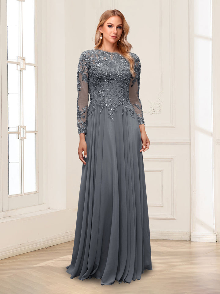 A-Line/Princess Scoop Long Sleeves Floor-Length Mother of the Bride Dresses with Lace &amp; Beading