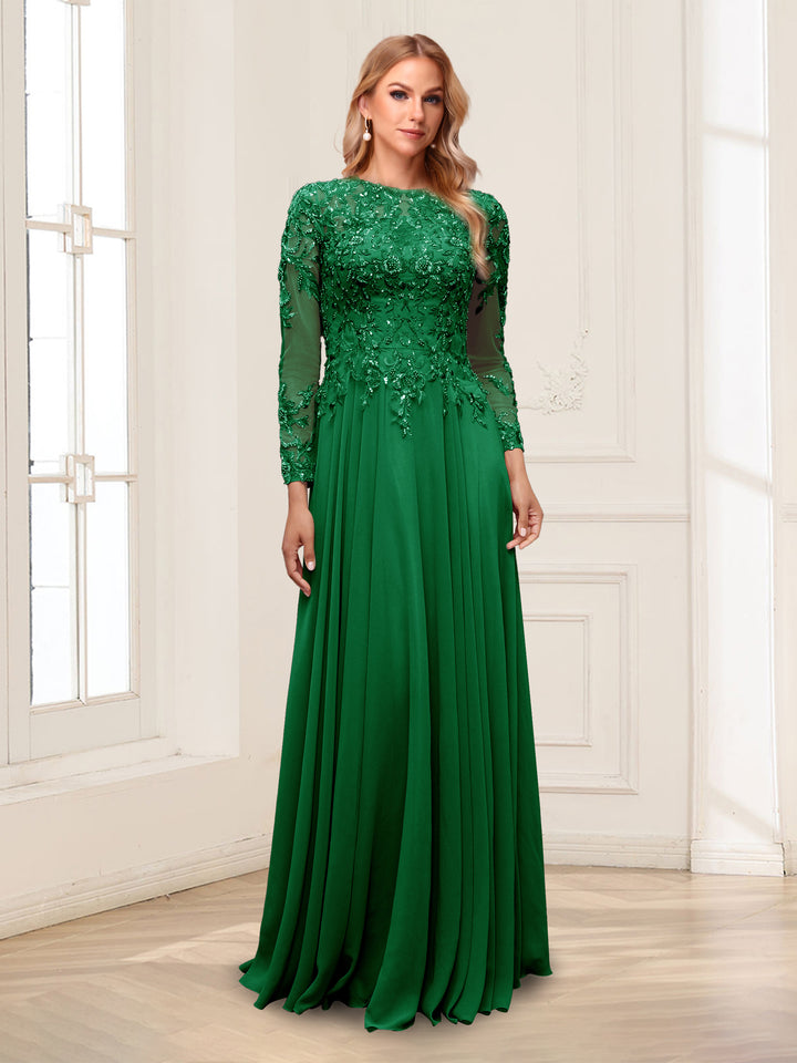 A-Line/Princess Scoop Long Sleeves Floor-Length Mother of the Bride Dresses with Lace &amp; Beading