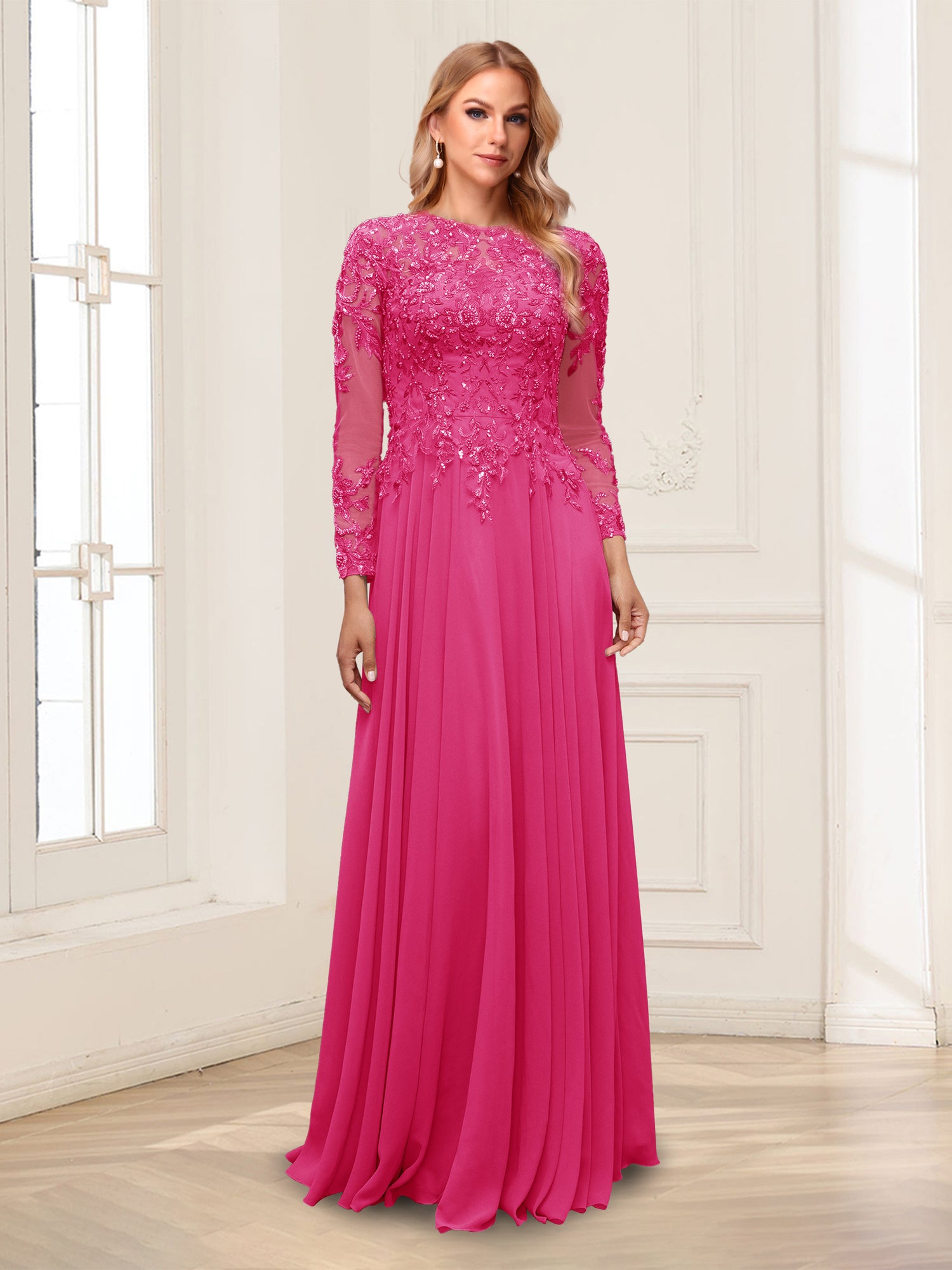 A-Line/Princess Scoop Long Sleeves Floor-Length Mother of the Bride Dresses with Lace & Beading