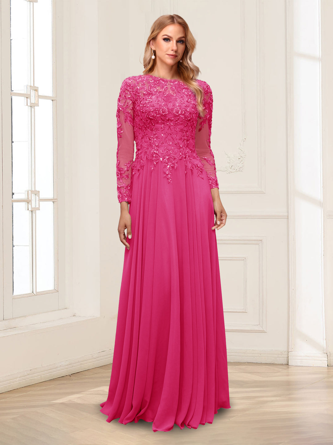 A-Line/Princess Scoop Long Sleeves Floor-Length Mother of the Bride Dresses with Lace &amp; Beading
