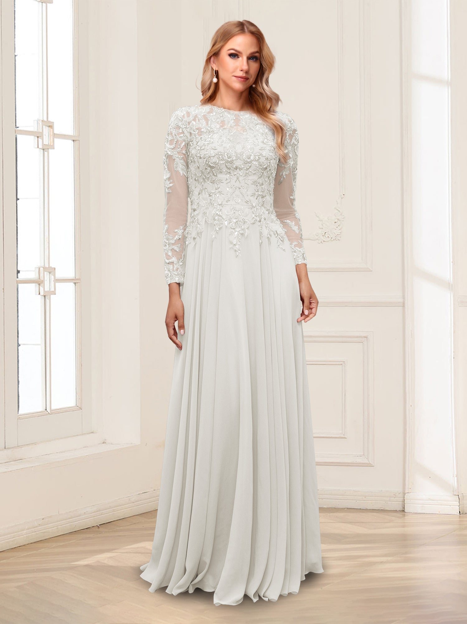 A-Line/Princess Scoop Long Sleeves Floor-Length Mother of the Bride Dresses with Lace & Beading
