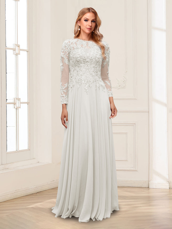 A-Line/Princess Scoop Long Sleeves Floor-Length Mother of the Bride Dresses with Lace &amp; Beading