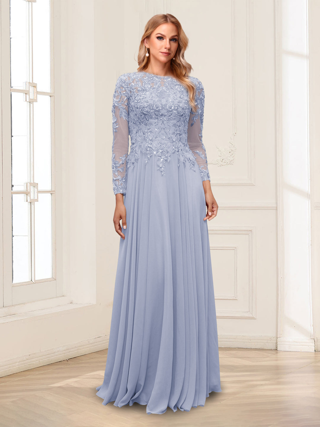A-Line/Princess Scoop Long Sleeves Floor-Length Mother of the Bride Dresses with Lace &amp; Beading