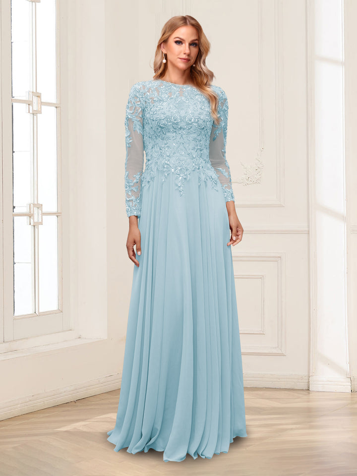 A-Line/Princess Scoop Long Sleeves Floor-Length Mother of the Bride Dresses with Lace &amp; Beading