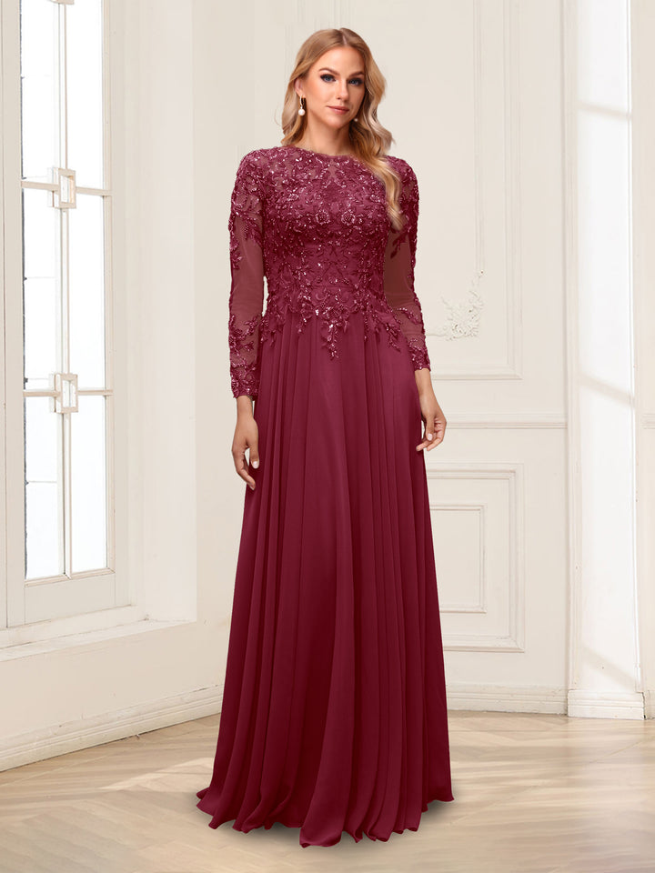 A-Line/Princess Scoop Long Sleeves Floor-Length Mother of the Bride Dresses with Lace &amp; Beading
