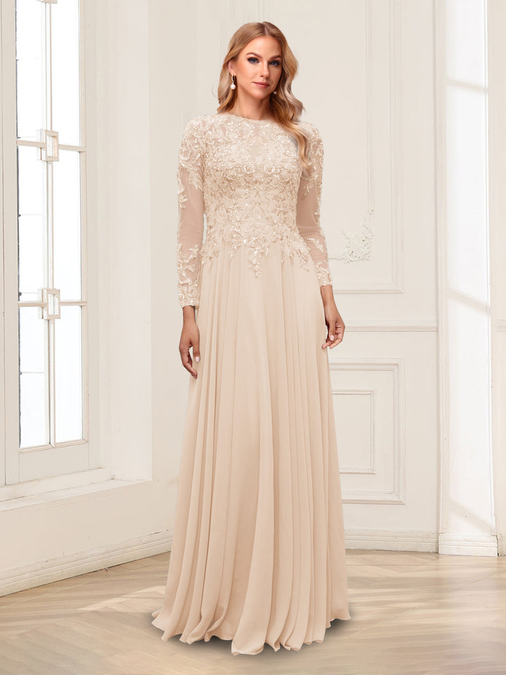 A-Line/Princess Scoop Long Sleeves Floor-Length Mother of the Bride Dresses with Lace &amp; Beading