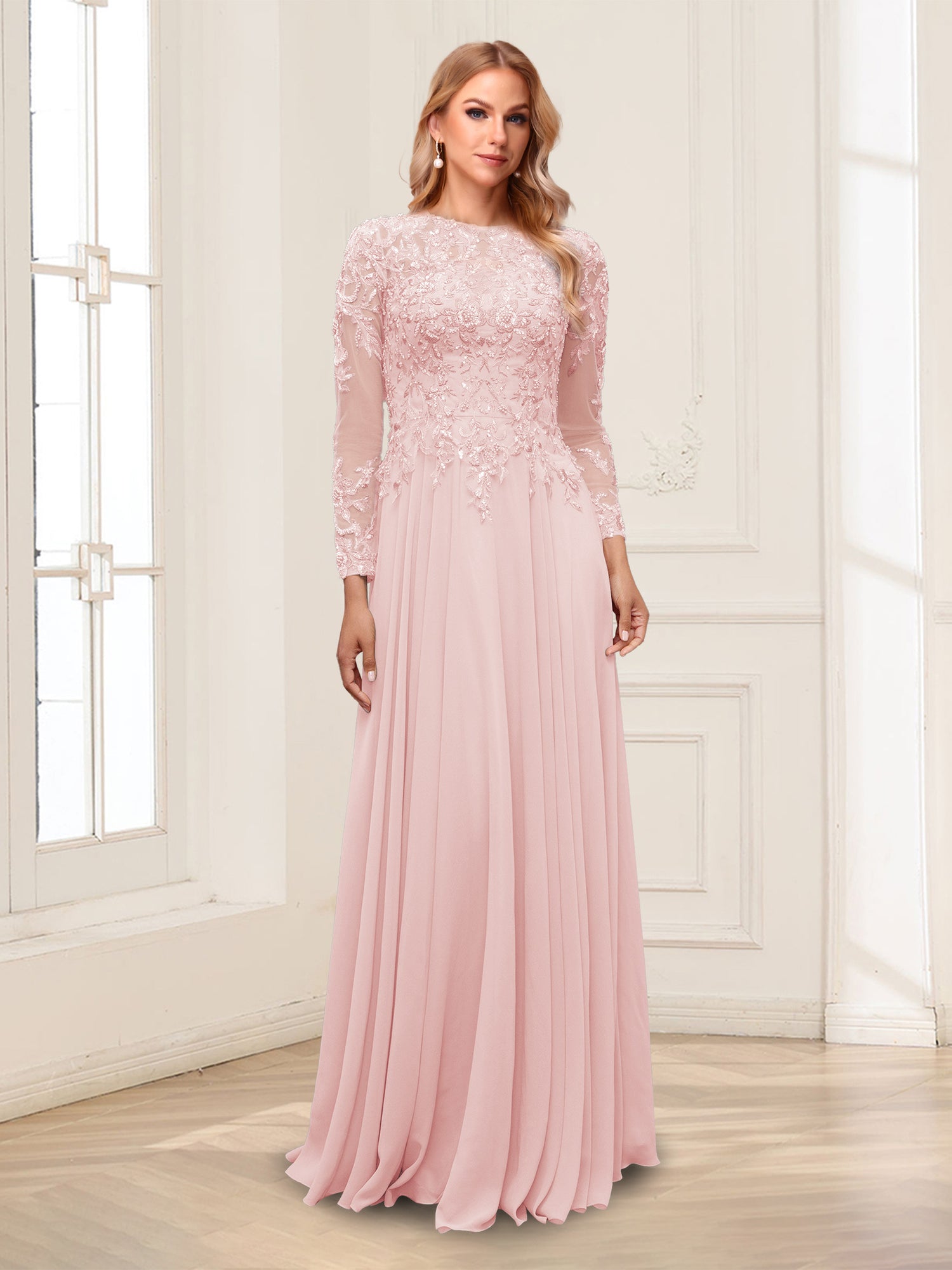A-Line/Princess Scoop Long Sleeves Floor-Length Mother of the Bride Dresses with Lace & Beading