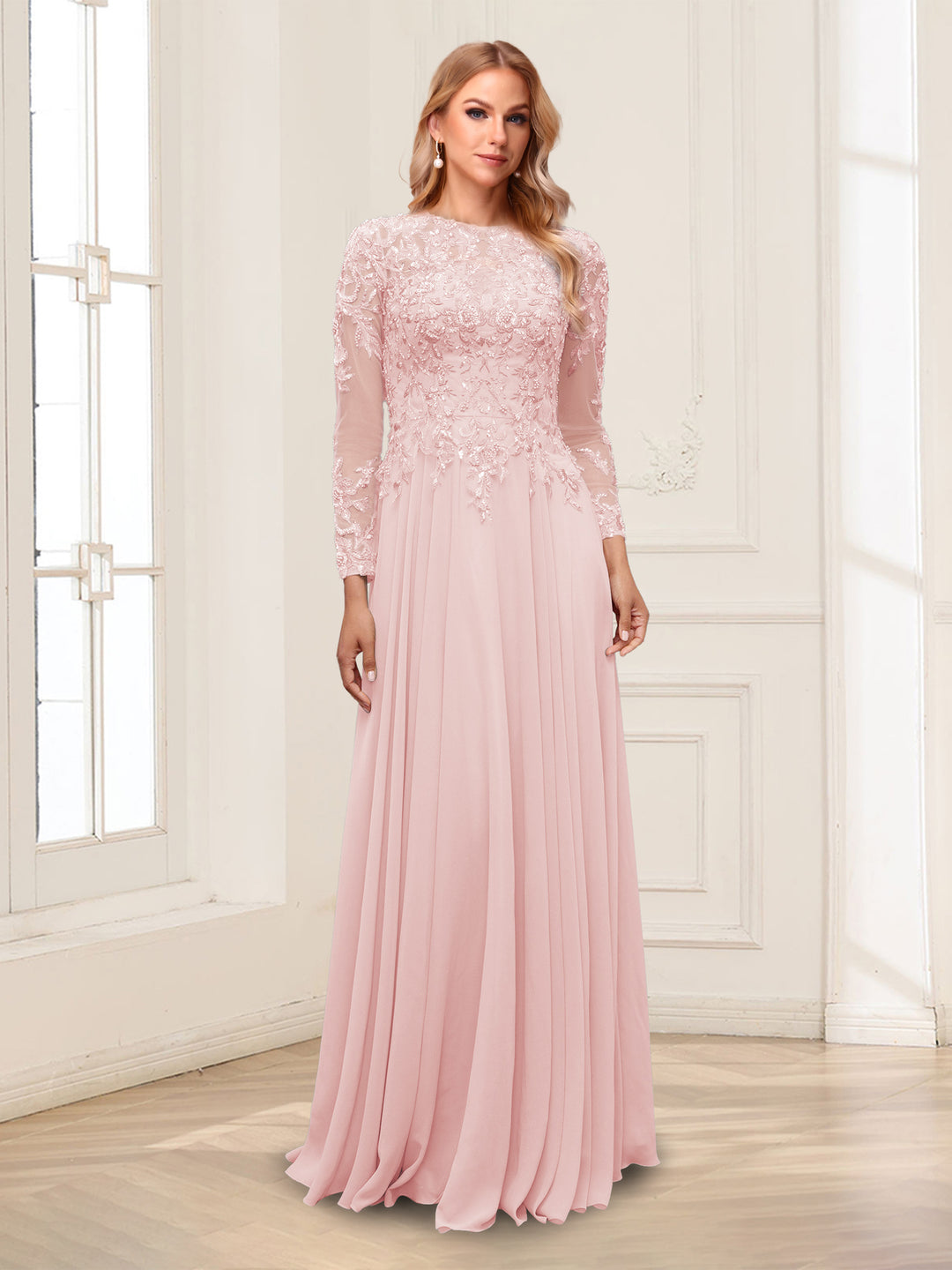 A-Line/Princess Scoop Long Sleeves Floor-Length Mother of the Bride Dresses with Lace &amp; Beading