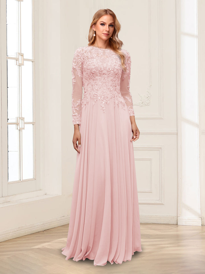 A-Line/Princess Scoop Long Sleeves Floor-Length Mother of the Bride Dresses with Lace &amp; Beading