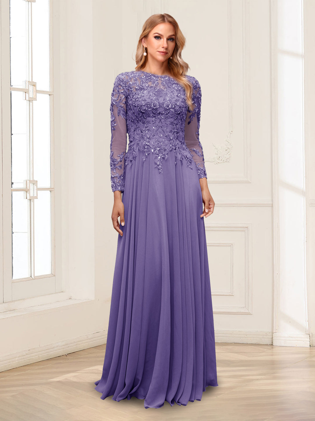A-Line/Princess Scoop Long Sleeves Floor-Length Mother of the Bride Dresses with Lace &amp; Beading