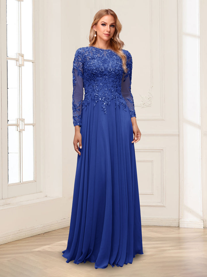 A-Line/Princess Scoop Long Sleeves Floor-Length Mother of the Bride Dresses with Lace &amp; Beading