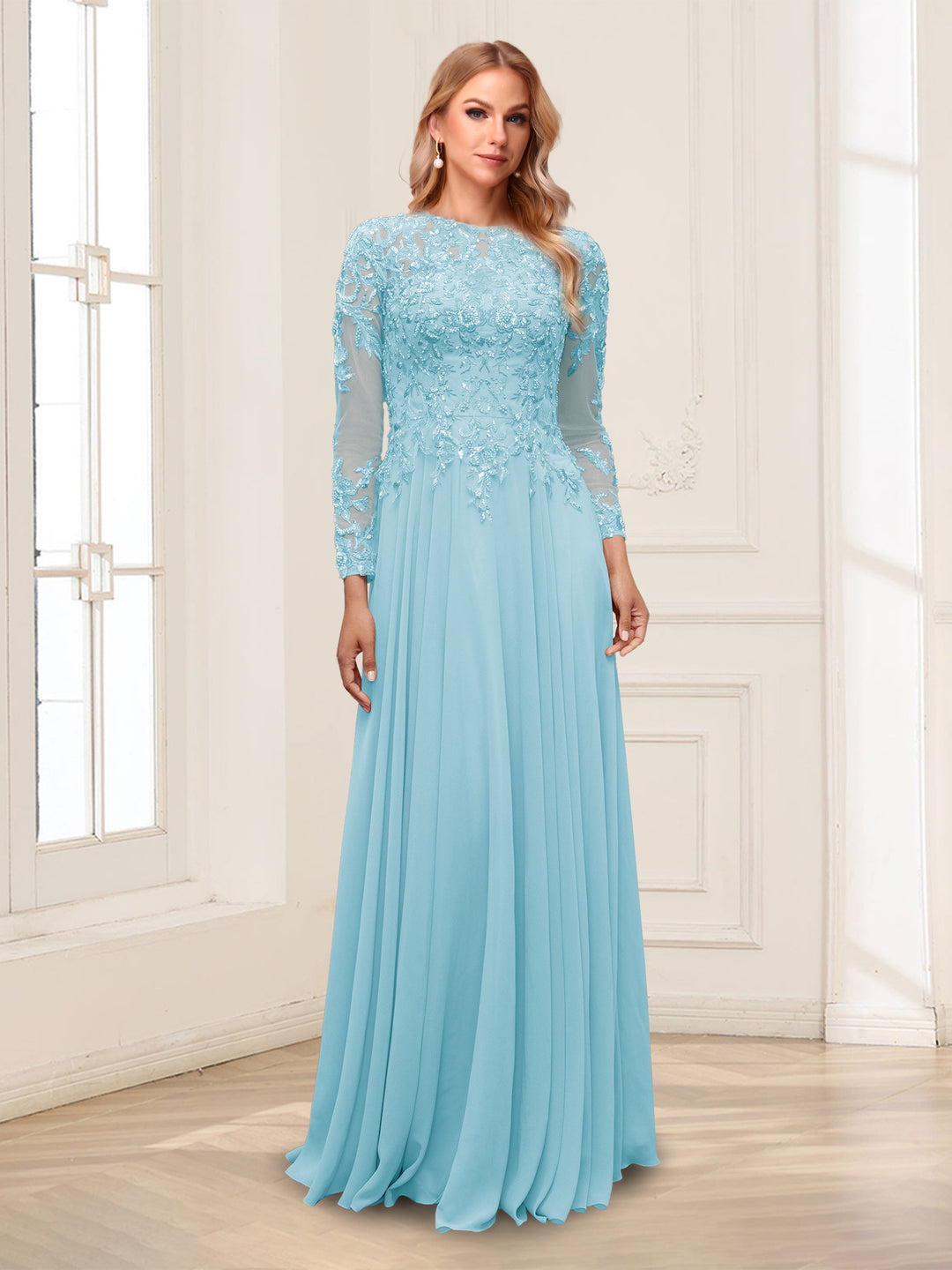 A-Line/Princess Scoop Long Sleeves Floor-Length Mother of the Bride Dresses with Lace &amp; Beading