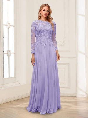A-Line/Princess Scoop Long Sleeves Floor-Length Mother of the Bride Dresses with Lace & Beading