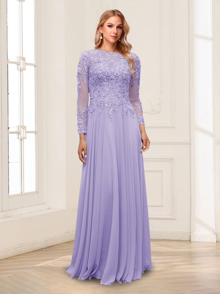 A-Line/Princess Scoop Long Sleeves Floor-Length Mother of the Bride Dresses with Lace &amp; Beading