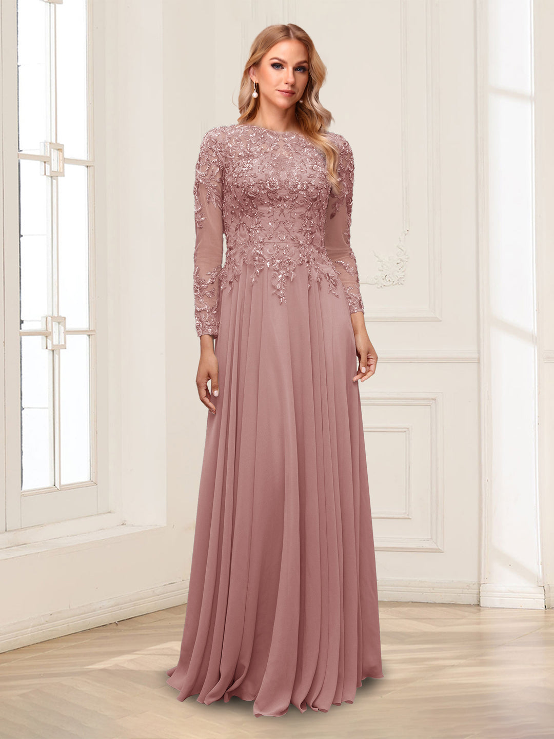 A-Line/Princess Scoop Long Sleeves Floor-Length Mother of the Bride Dresses with Lace &amp; Beading