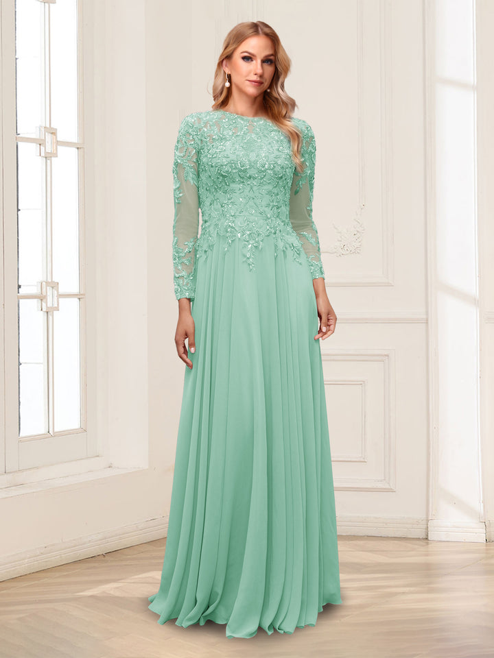 A-Line/Princess Scoop Long Sleeves Floor-Length Mother of the Bride Dresses with Lace &amp; Beading