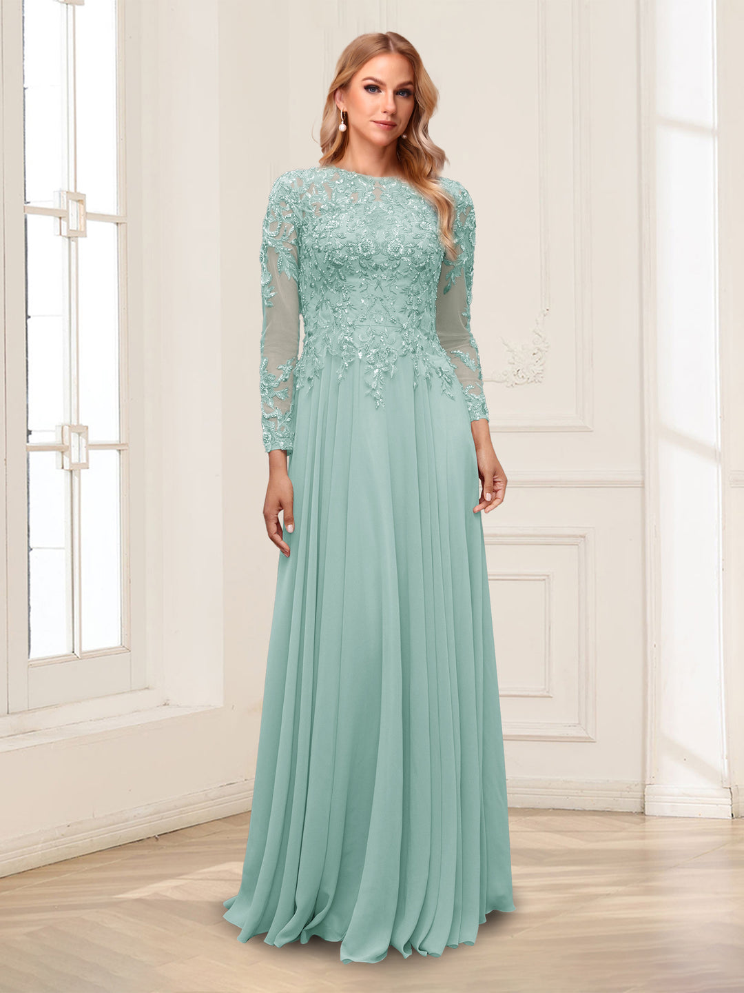 A-Line/Princess Scoop Long Sleeves Floor-Length Mother of the Bride Dresses with Lace &amp; Beading
