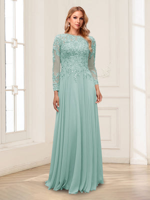 A-Line/Princess Scoop Long Sleeves Floor-Length Mother of the Bride Dresses with Lace & Beading
