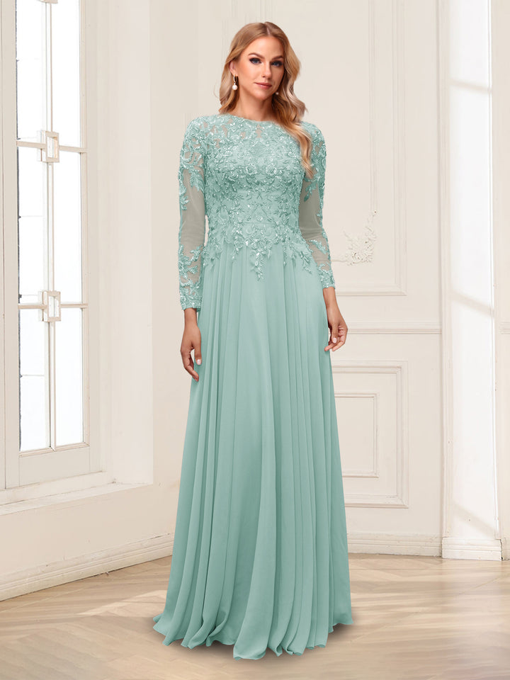 A-Line/Princess Scoop Long Sleeves Floor-Length Mother of the Bride Dresses with Lace &amp; Beading