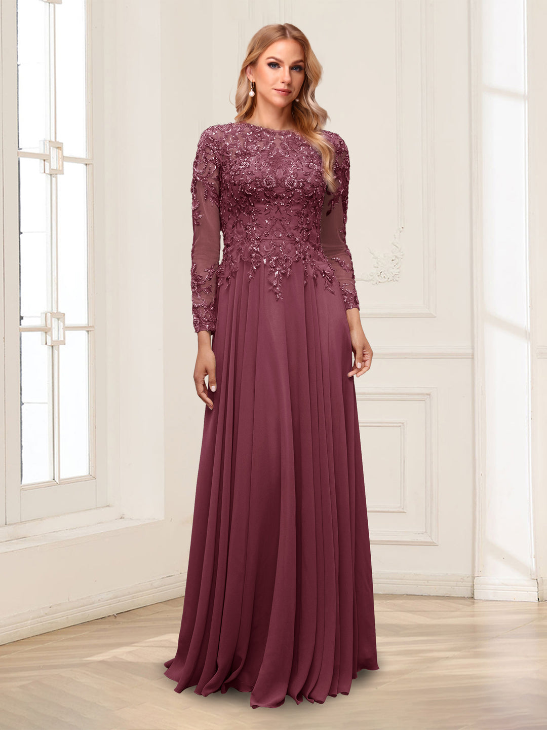 A-Line/Princess Scoop Long Sleeves Floor-Length Mother of the Bride Dresses with Lace &amp; Beading