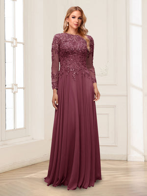 A-Line/Princess Scoop Long Sleeves Floor-Length Mother of the Bride Dresses with Lace & Beading