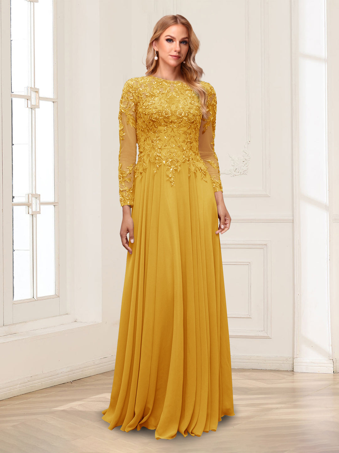 A-Line/Princess Scoop Long Sleeves Floor-Length Mother of the Bride Dresses with Lace &amp; Beading