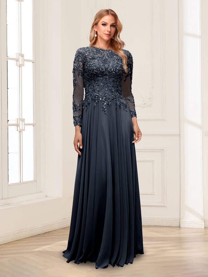 A-Line/Princess Scoop Long Sleeves Floor-Length Mother of the Bride Dresses with Lace &amp; Beading