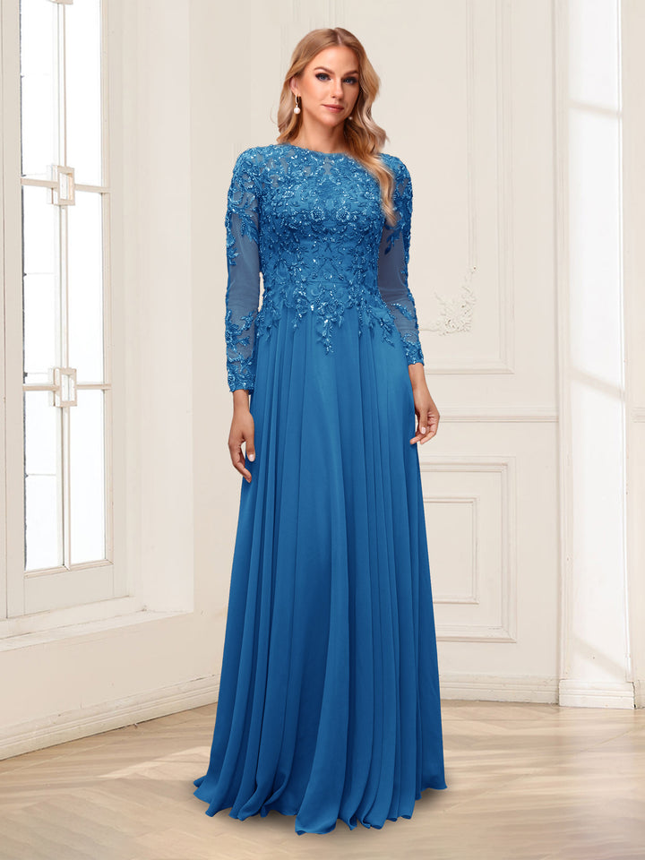 A-Line/Princess Scoop Long Sleeves Floor-Length Mother of the Bride Dresses with Lace &amp; Beading