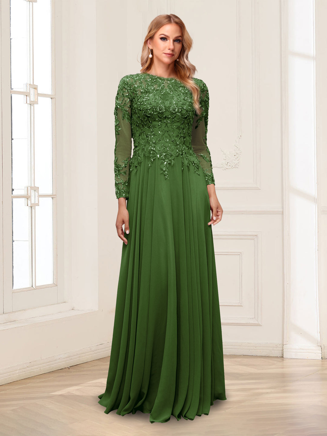 A-Line/Princess Scoop Long Sleeves Floor-Length Mother of the Bride Dresses with Lace &amp; Beading
