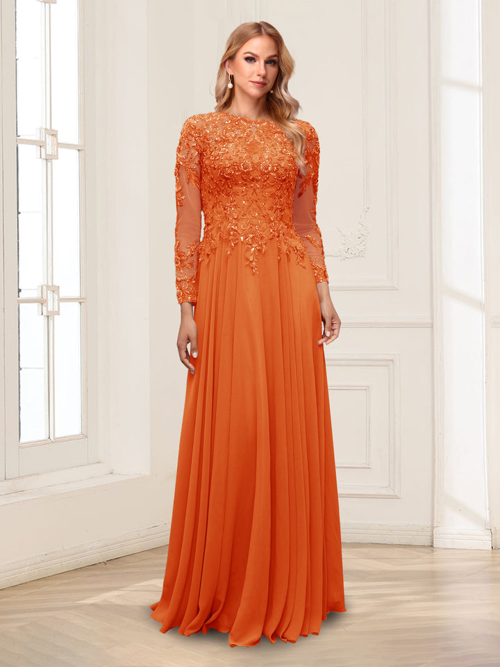 A-Line/Princess Scoop Long Sleeves Floor-Length Mother of the Bride Dresses with Lace &amp; Beading