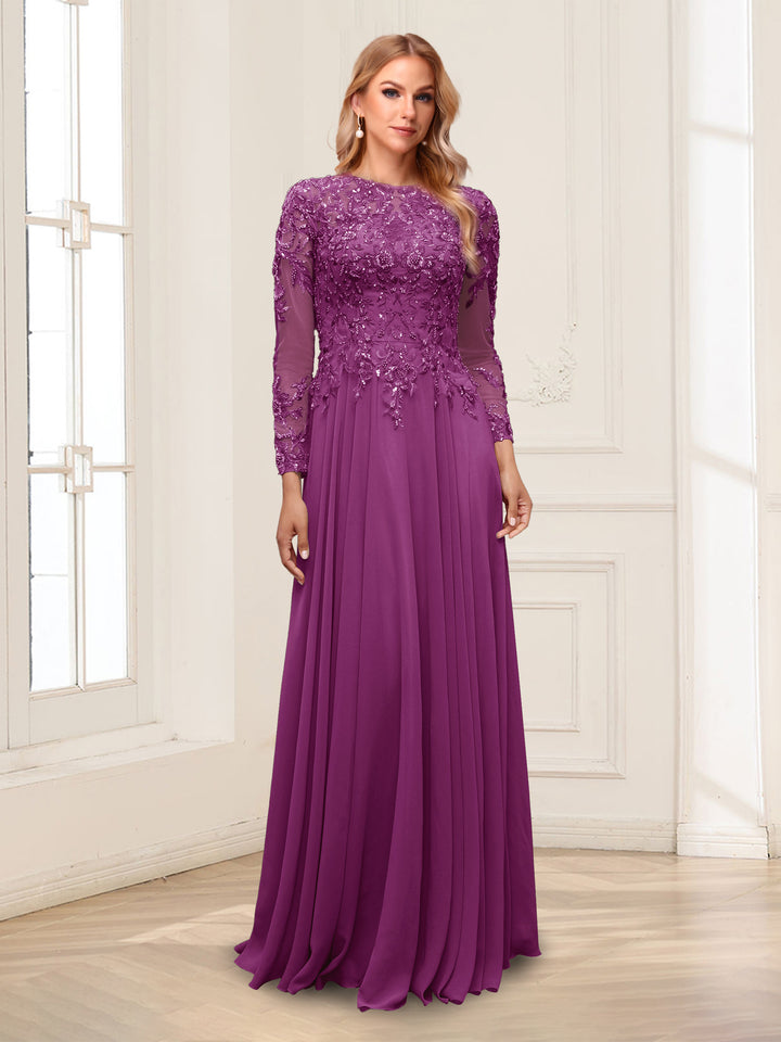 A-Line/Princess Scoop Long Sleeves Floor-Length Mother of the Bride Dresses with Lace &amp; Beading