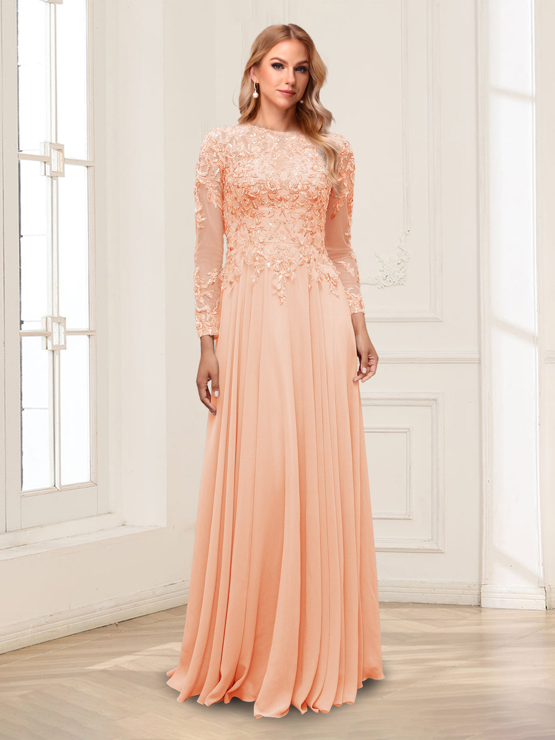 A-Line/Princess Scoop Long Sleeves Floor-Length Mother of the Bride Dresses with Lace &amp; Beading