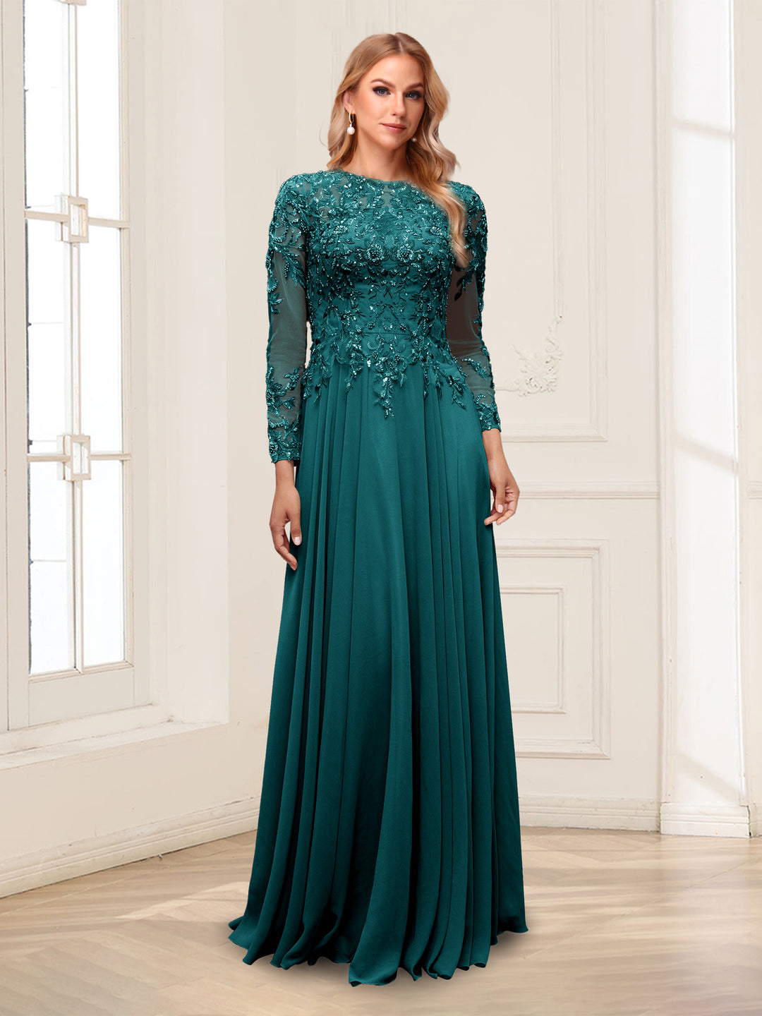 A-Line/Princess Scoop Long Sleeves Floor-Length Mother of the Bride Dresses with Lace &amp; Beading