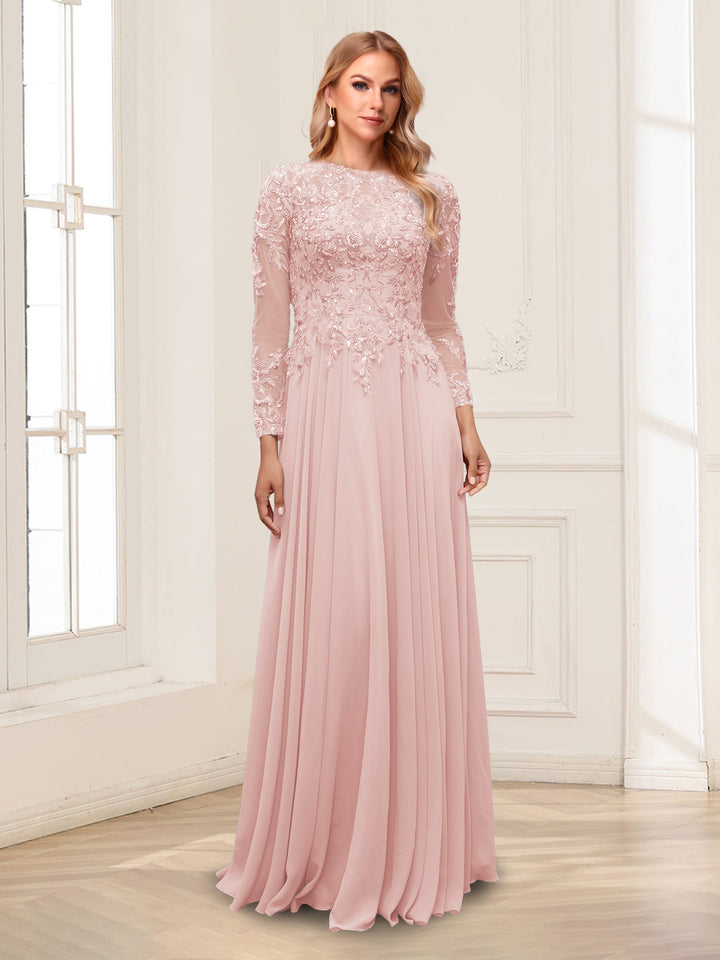 A-Line/Princess Scoop Long Sleeves Floor-Length Mother of the Bride Dresses with Lace &amp; Beading