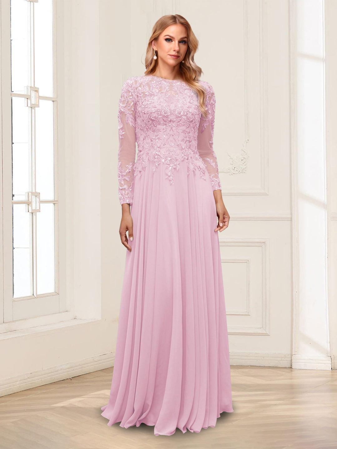 A-Line/Princess Scoop Long Sleeves Floor-Length Mother of the Bride Dresses with Lace &amp; Beading