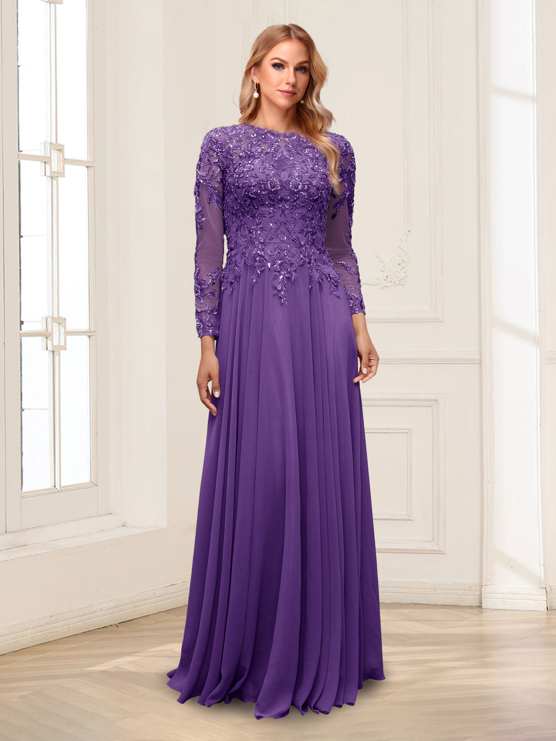 A-Line/Princess Scoop Long Sleeves Floor-Length Mother of the Bride Dresses with Lace &amp; Beading