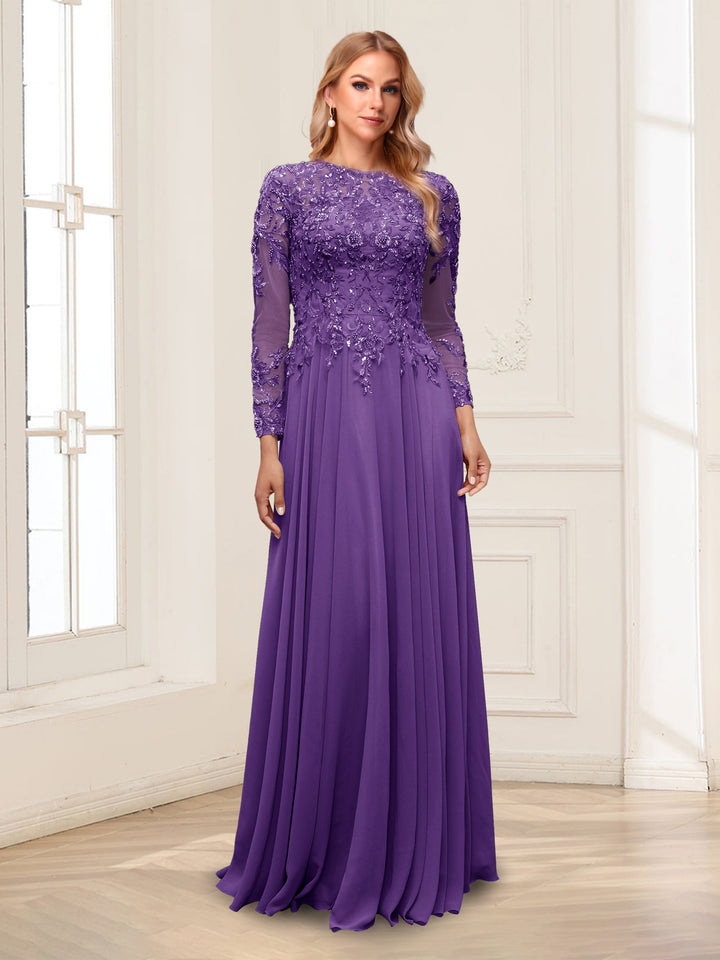 A-Line/Princess Scoop Long Sleeves Floor-Length Mother of the Bride Dresses with Lace &amp; Beading