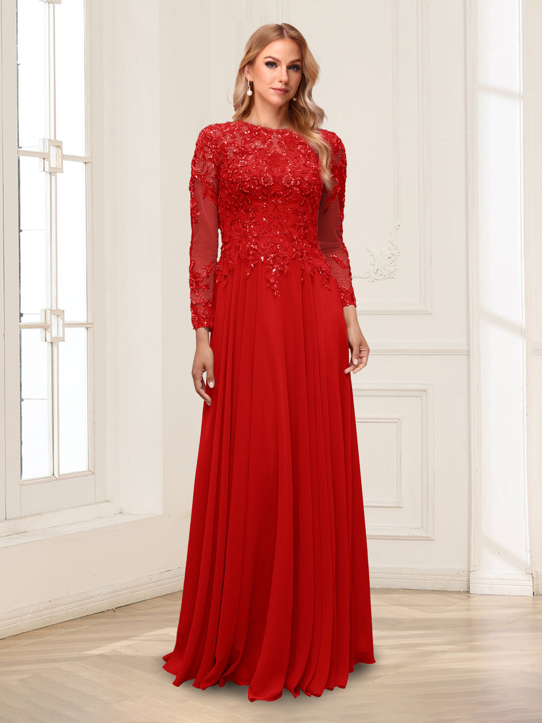 A-Line/Princess Scoop Long Sleeves Floor-Length Mother of the Bride Dresses with Lace &amp; Beading