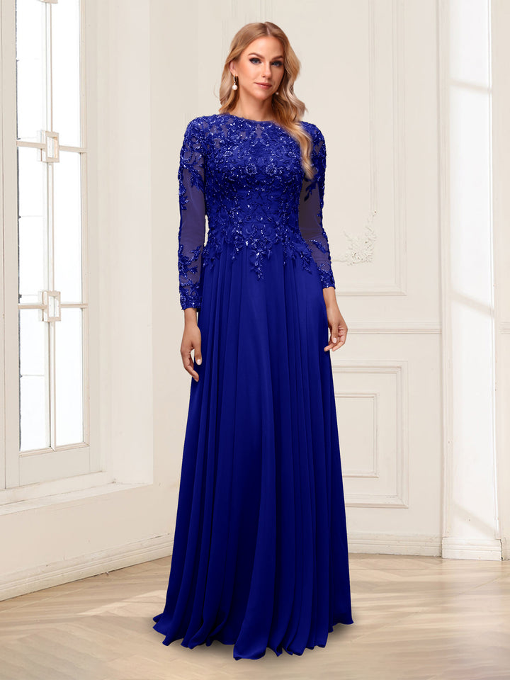 A-Line/Princess Scoop Long Sleeves Floor-Length Mother of the Bride Dresses with Lace &amp; Beading