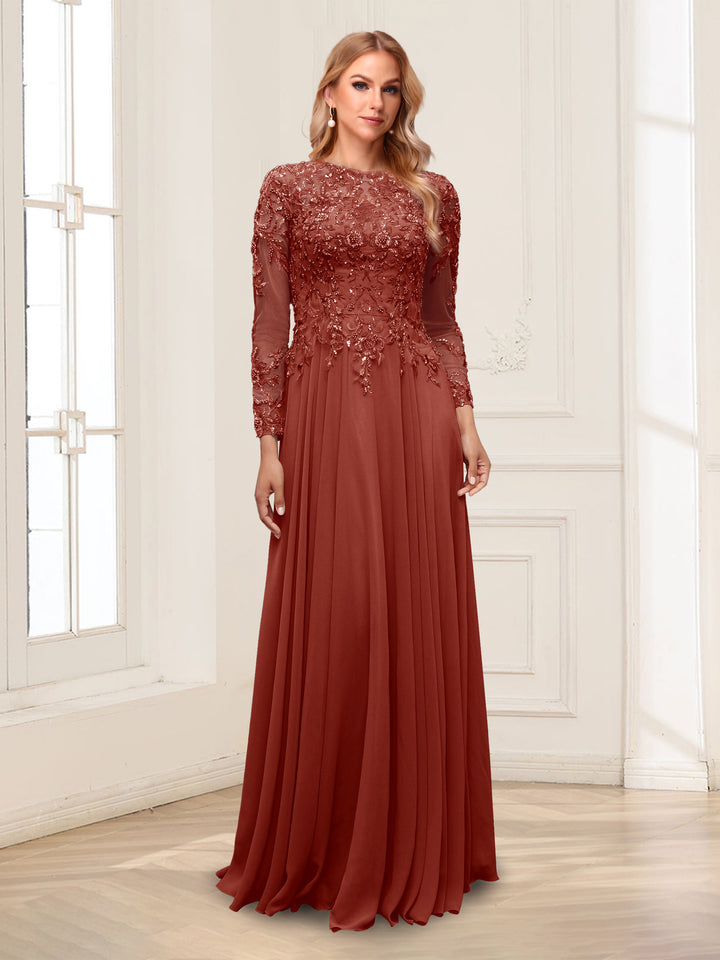 A-Line/Princess Scoop Long Sleeves Floor-Length Mother of the Bride Dresses with Lace &amp; Beading
