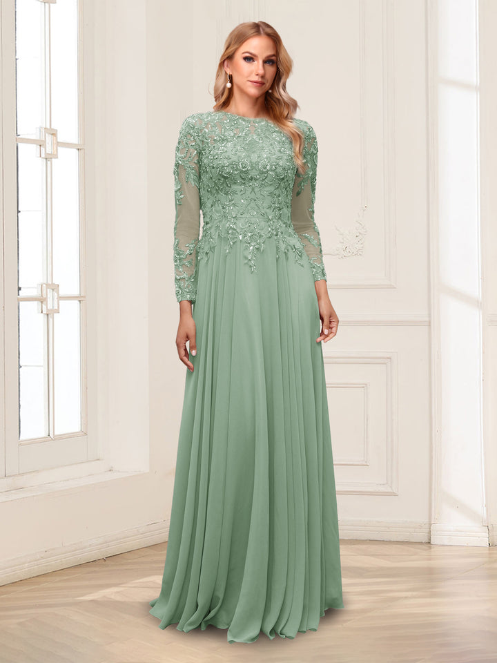 A-Line/Princess Scoop Long Sleeves Floor-Length Mother of the Bride Dresses with Lace &amp; Beading