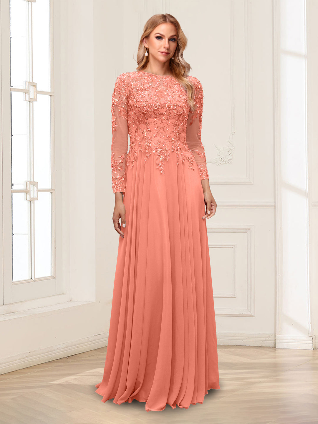 A-Line/Princess Scoop Long Sleeves Floor-Length Mother of the Bride Dresses with Lace &amp; Beading